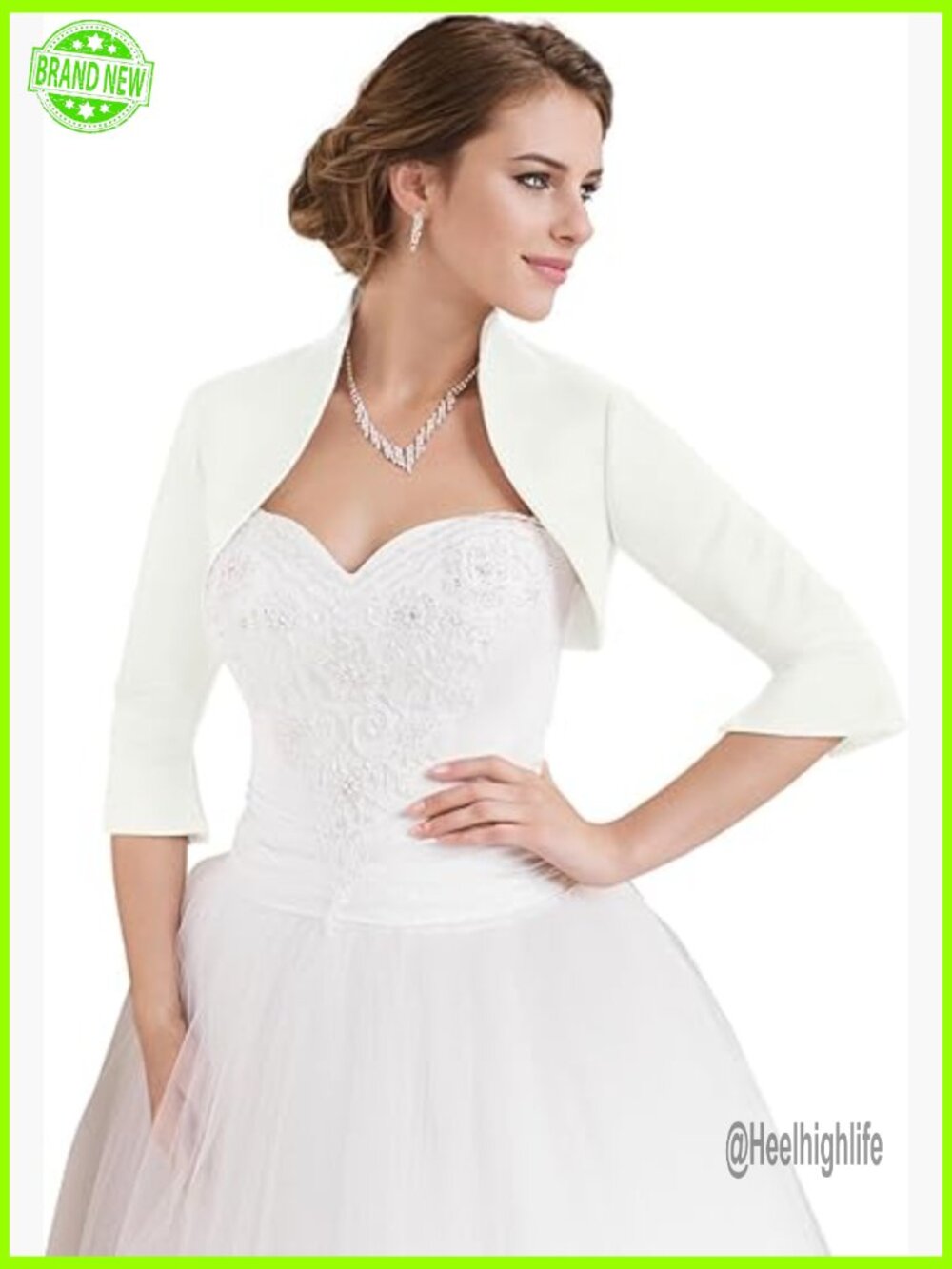 Fitted Wrap Bolero Shrug Satin 3/4 Sleeve Bridal Wedding Jacket
